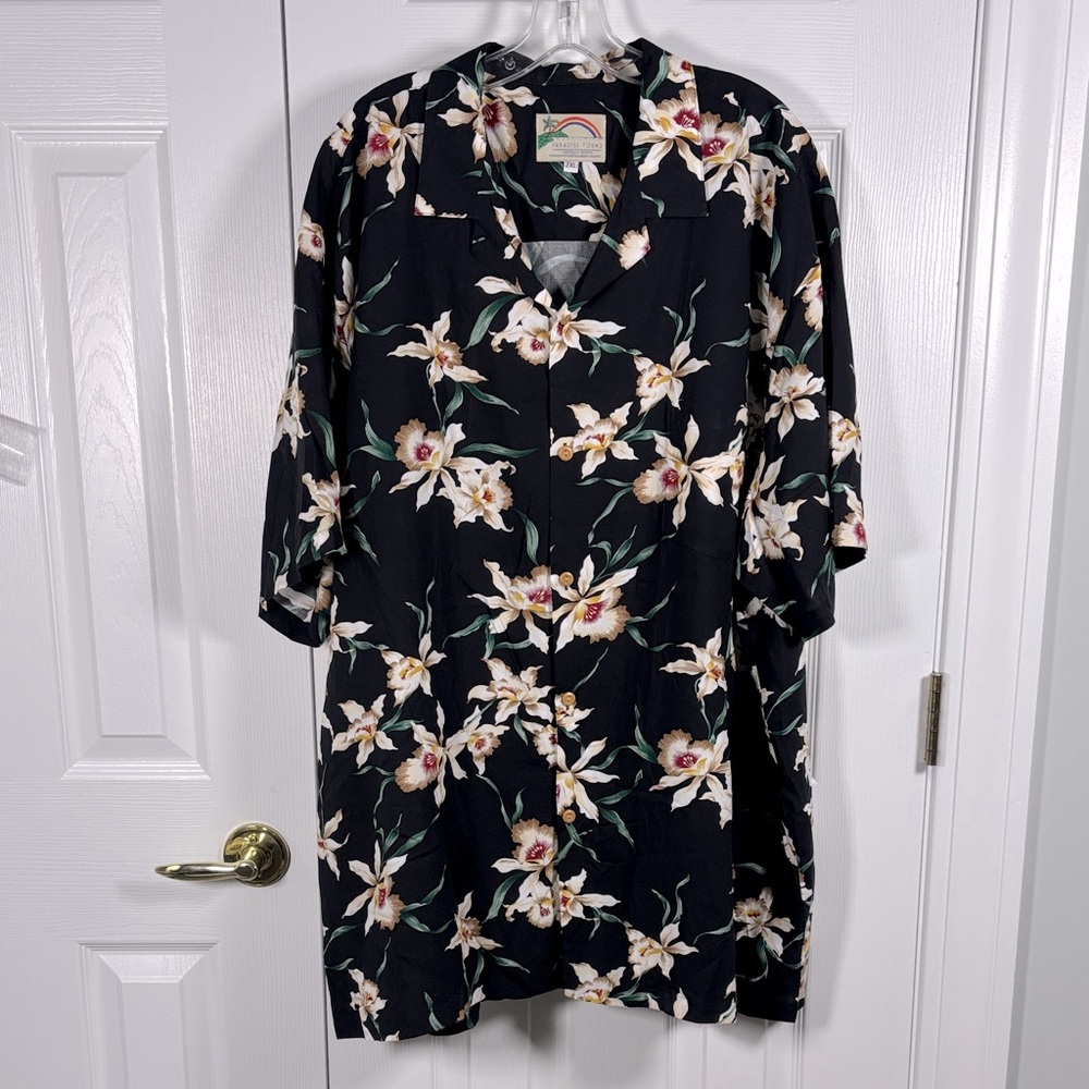 Paradise Found Mens Hawaiian Shirt Tropical Floral Black Magnum PI 2XL